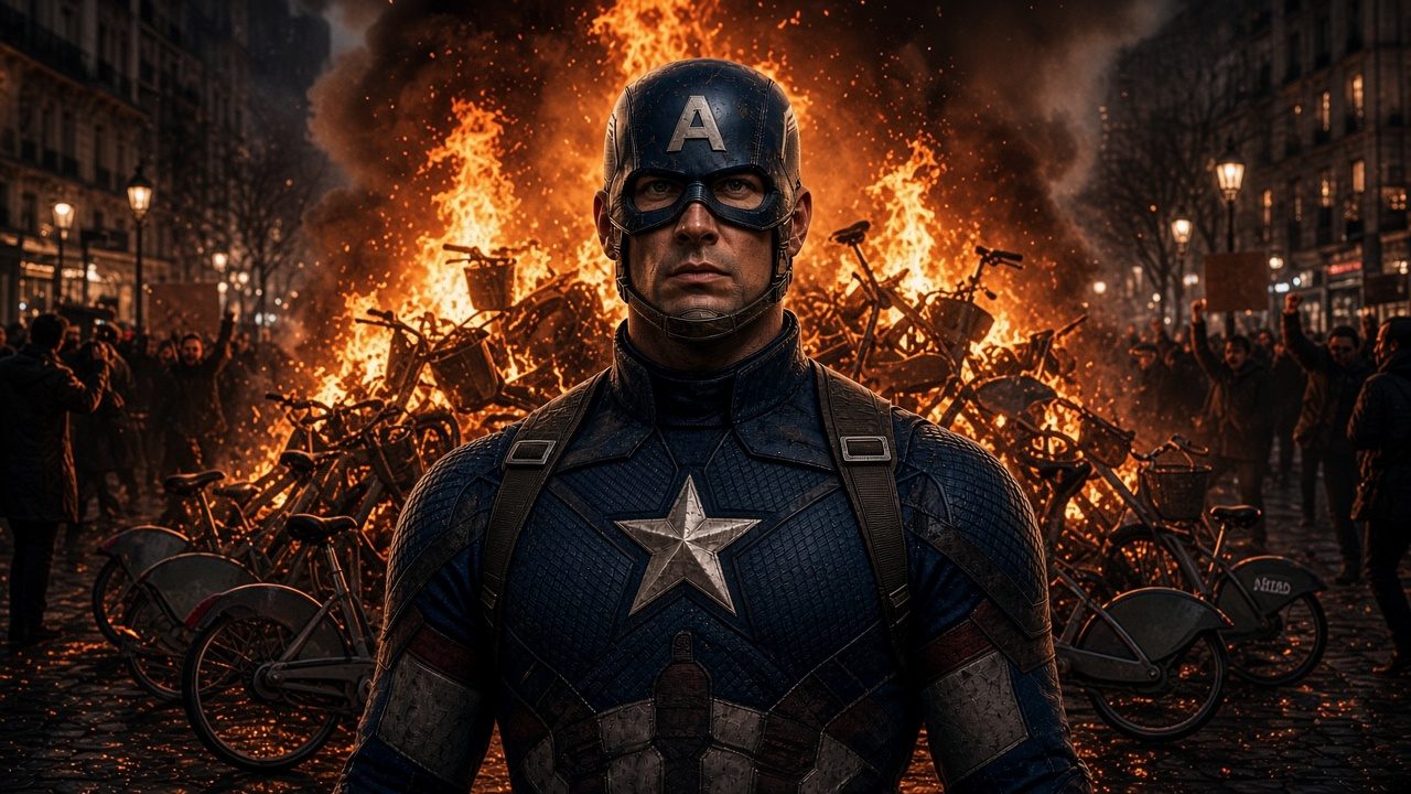 Captain America near burning bikes