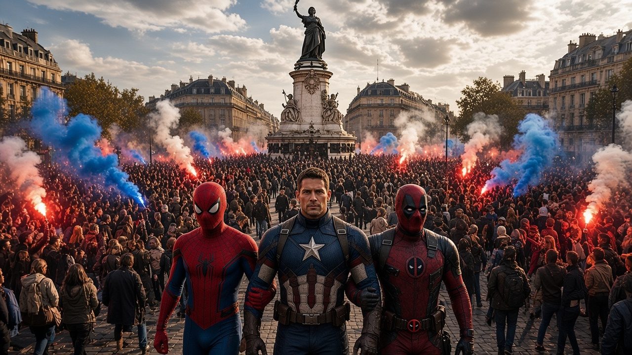 Captain America, Deadpool and Spider-Man marching at Place de la République