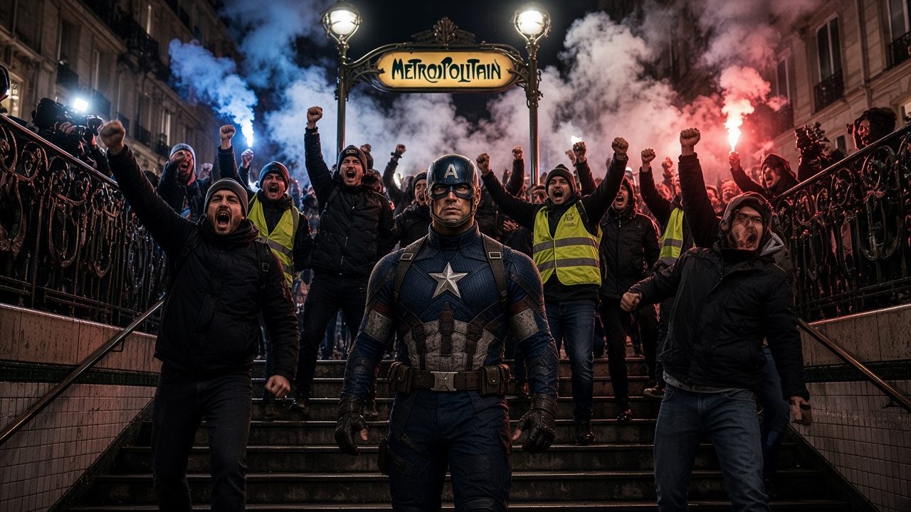 Chanting crowd on Paris Metro stairs