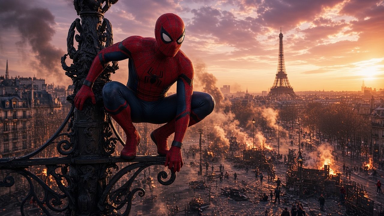 Spider-Man on a lamppost at sunset