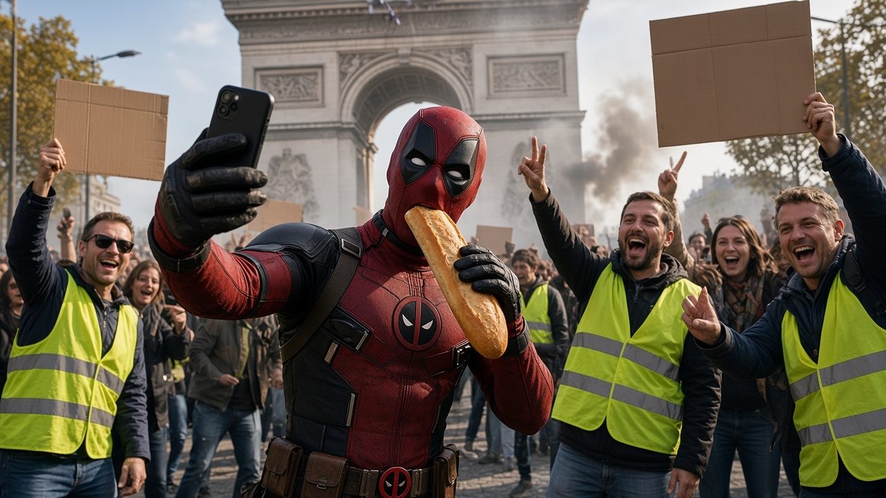 Deadpool baguette selfie at the Arc de Triomphe